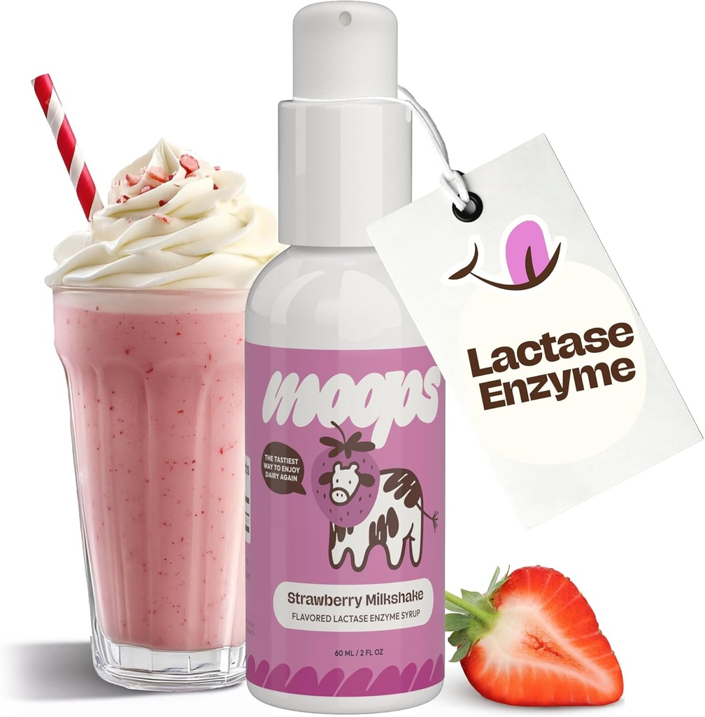 Moops Liquid Lactase Enzime Syrup 2oz – Delicious Strawberry Milkshake Flavor – 10.000 unità FCC per la rimozione rapida della lattice – Dose personalizzabile per l'intolleranza al lattosio – Portable Twist-to-Lock Pump