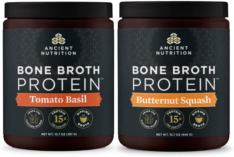 Antica Nutrition Bone Broth Protein Powder, Basilio di pomodoro, 15 Serve + Bone Broth Protein Powder, Butternut Squash, 15 Serve