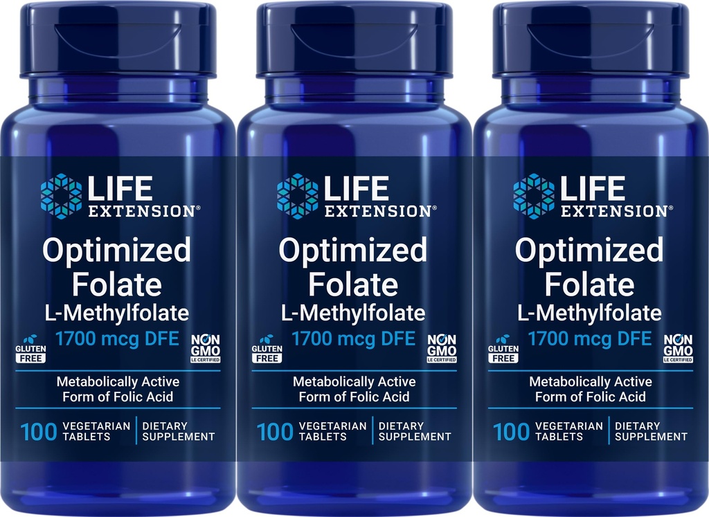 Estensione della vita Folate ottimizzato 1700 mcg DFE, 100 compresse vegetariane (Pack of 3)