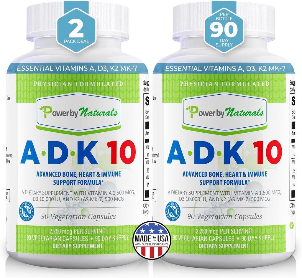 Power By Naturals ADK Vitamin Supplement – ADK 10 Alta potenza con vitamine A, D3 10.000 IU & K2 MK7 per il cuore superiore, Immune & Bone Health Support – 90 capsule, 2 Pack (6-Month di alimentazione)