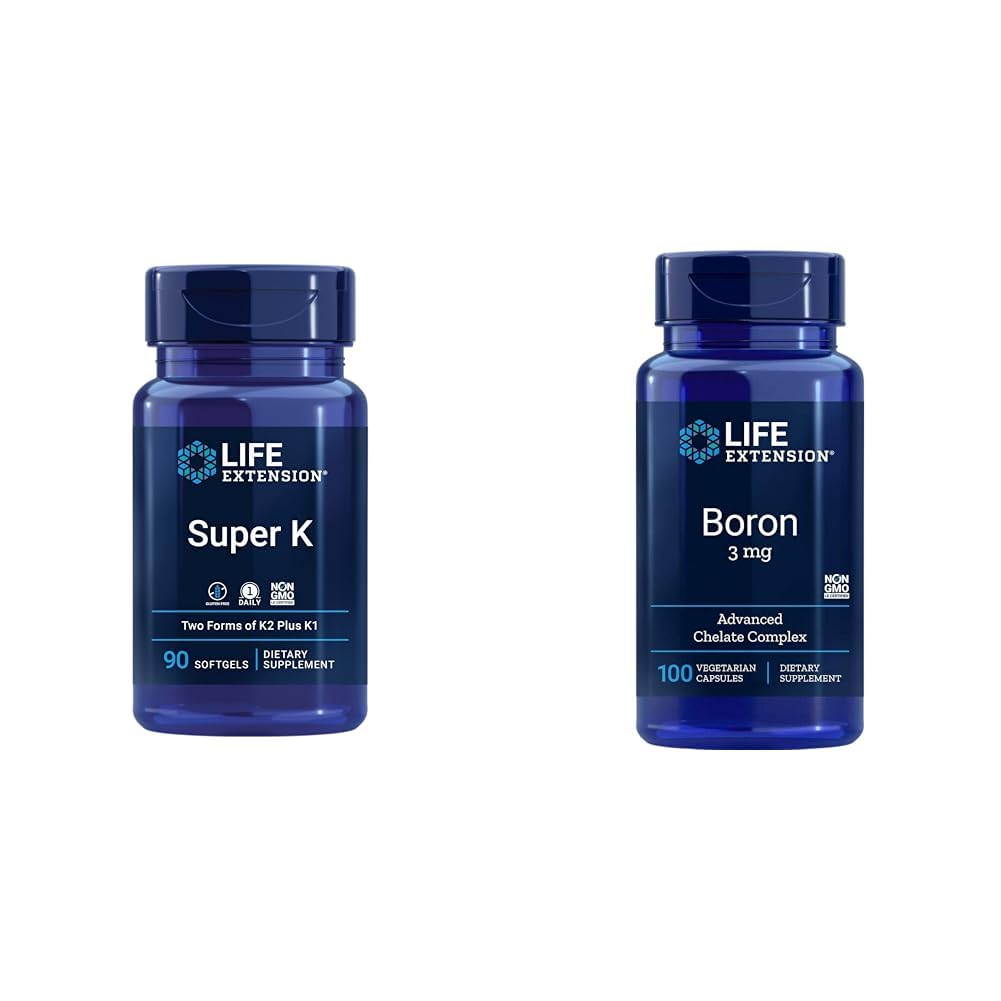 Estensione della vita Super K Vitamin K1, K2 MK-7, MK-4, Vitamina C, Bone / salute del cuore, alimentazione di 3 mesi e Boron 3 Mg 100 capsule vegetariane