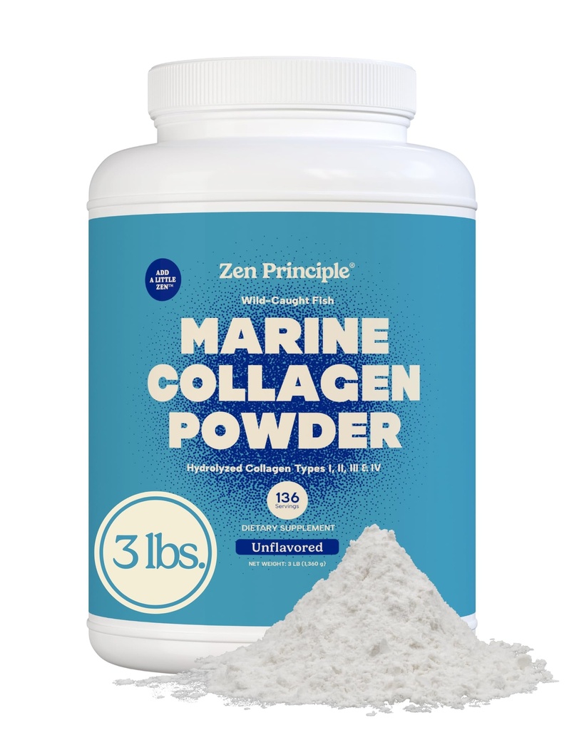 Principio Zen Peptidi di collagene marino polvere 3lb. Pesce selvatico, non OGM. Supporta la pelle sana, i capelli, le articolazioni e le ossa. Aminoacidi, non aromatizzati, facile da mescolare.