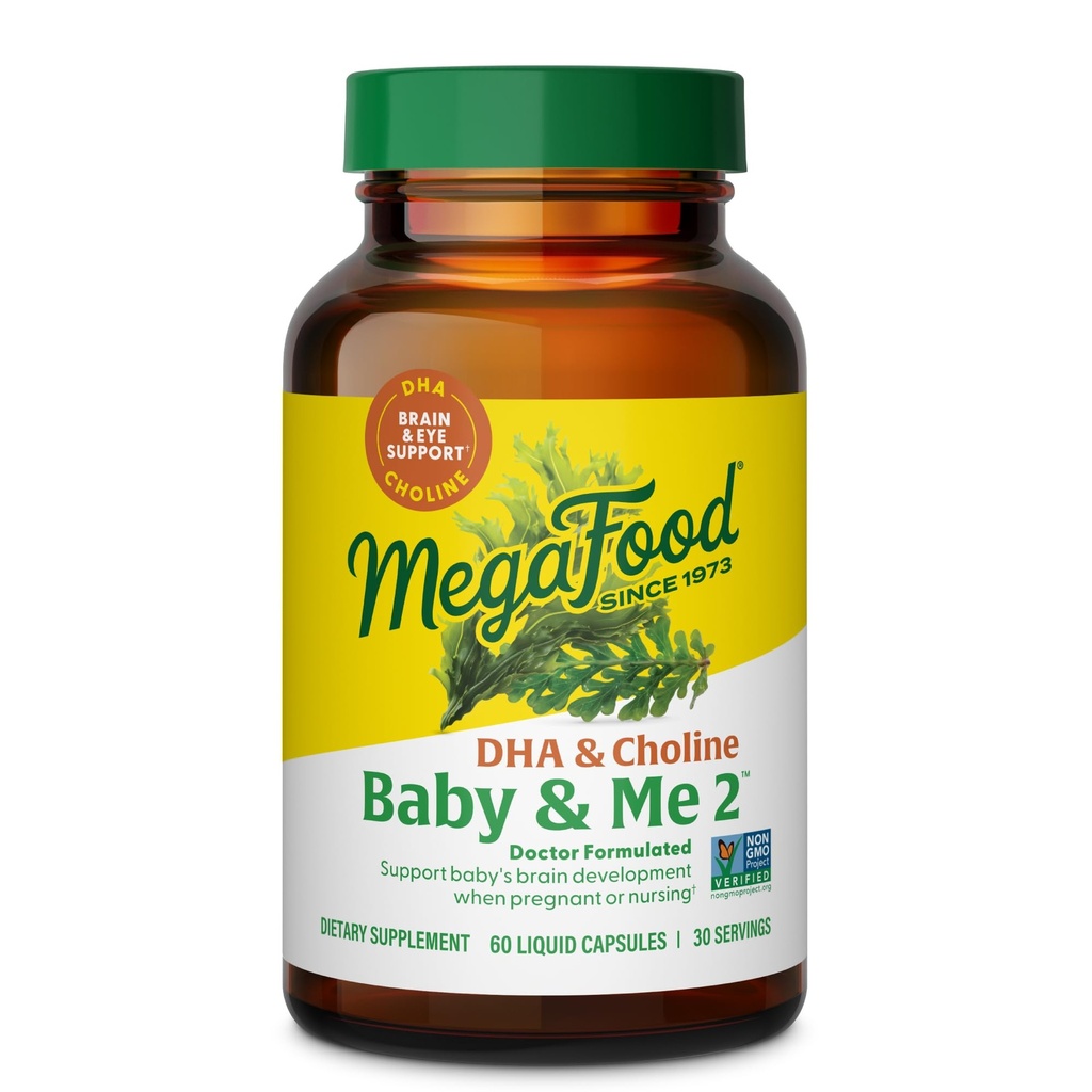 MegaFood Baby & Me 2 vitamine prenatali per le donne, integratori DHA & Choline, DHA liquido e Choline per il cervello e lo sviluppo degli occhi del bambino durante la gravidanza, Vegan, 60 capsule (30 porzioni)