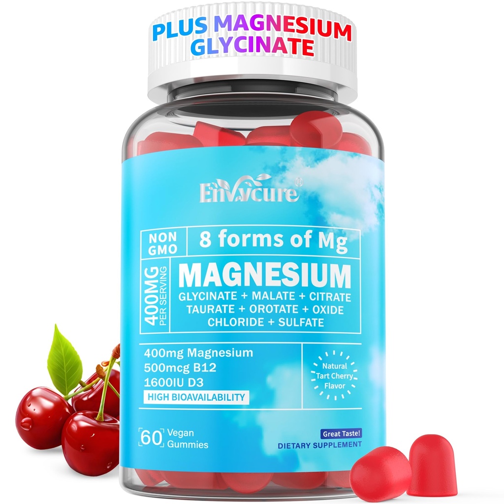 Magnesio Gummies 400mg | come 8 Forme di Magnesio Glycinate, Malate, Citrato, Taurate, Ossido, e più | con Estratto di Ashwagandha, D3 & B12 Supporti per Calma, Zzz, Mood, Cramp muscolare - Vegan 60 Cts