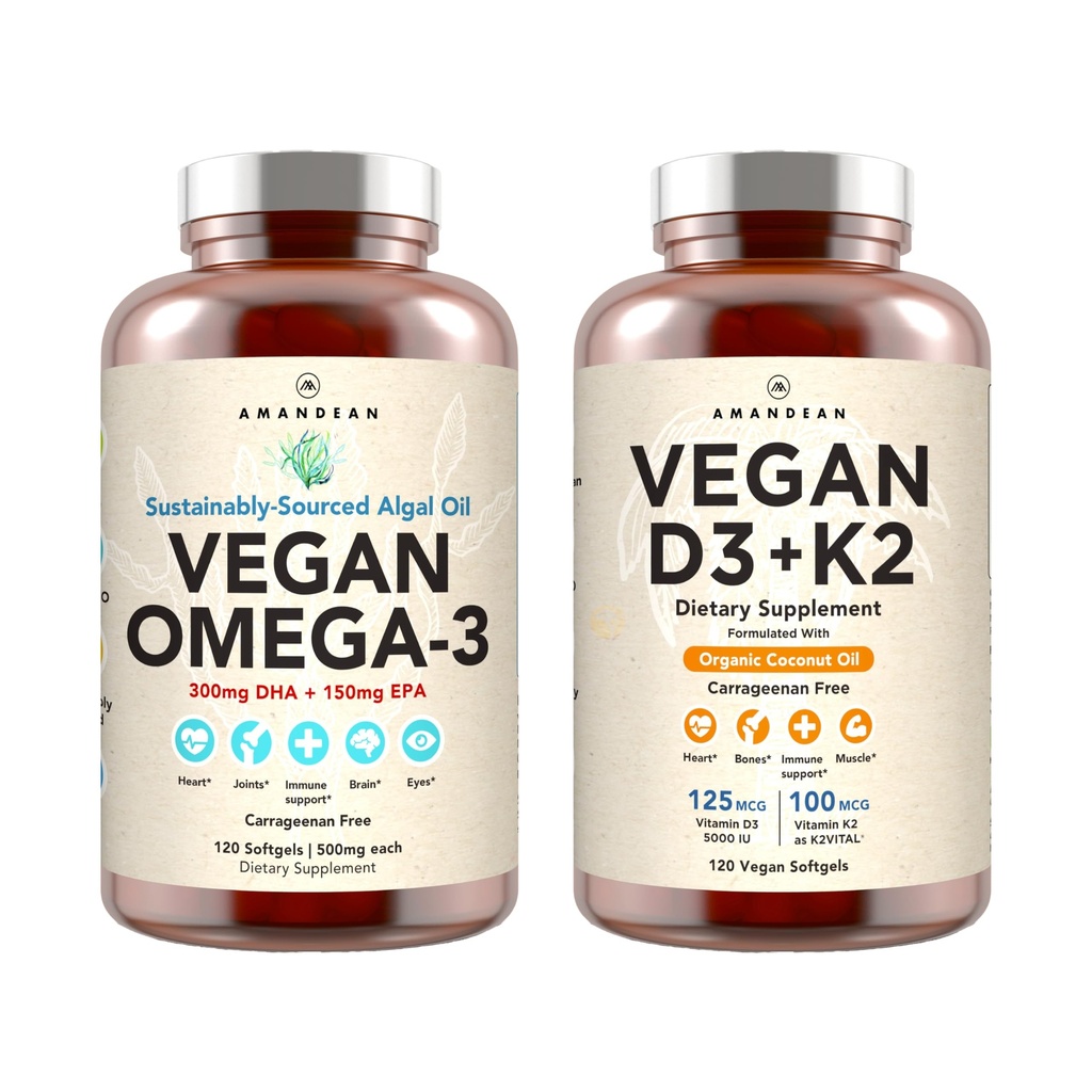 Vegan Powerhouse Combo. Omega-3 da Algal Oil & Vitamin D3 + K2. Plant-Based 5000 iu VIT D da Algae. 100 mcg All-Trans MK-7 Vita K. Carrageenan Free Veggie Softgels.