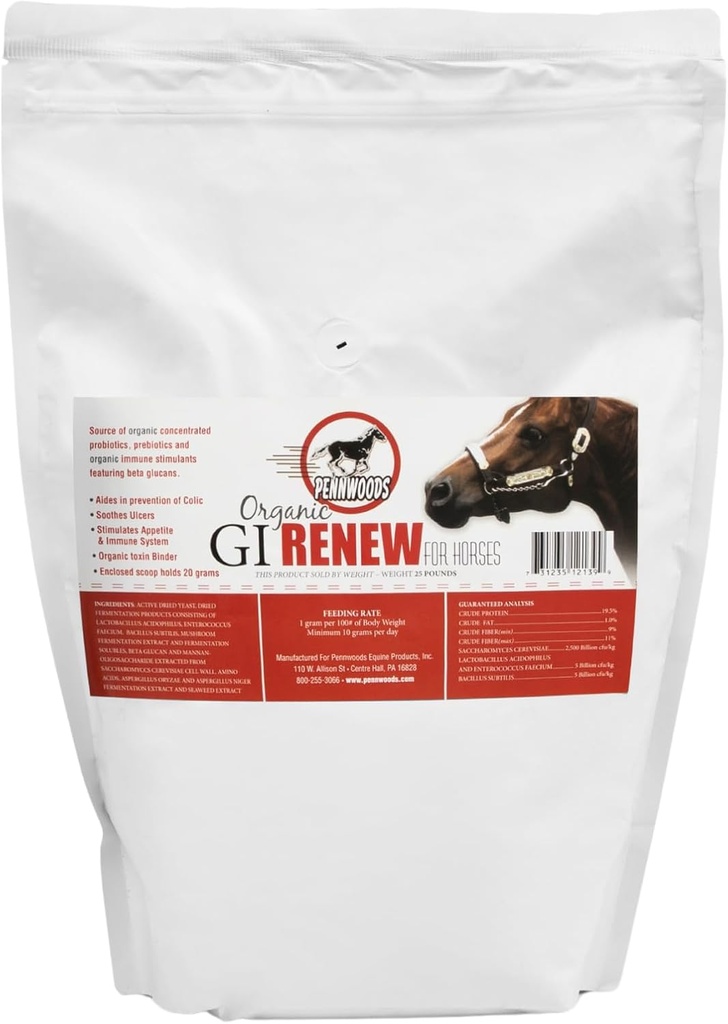 Pennwoods GI Renew, Probiotics for Equine, Immune and Appetite Stimulation, Prebiotics, Enzimi Digestivi | Supplemento di Cavallo che fornisce Ulcer Relief e Binder Tossina Organica, 5 LB Pouch