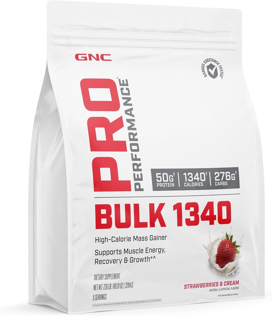 GNC Pro Performance Bulk 1340 Mass Gainer Protein Powder, 50g, Gluten Free, Whey, Creatina, BCAA, 3rd Party Tested, Muscle Recovery & Growth, Micronutrients, Strawberries and Cream, 9 Servings