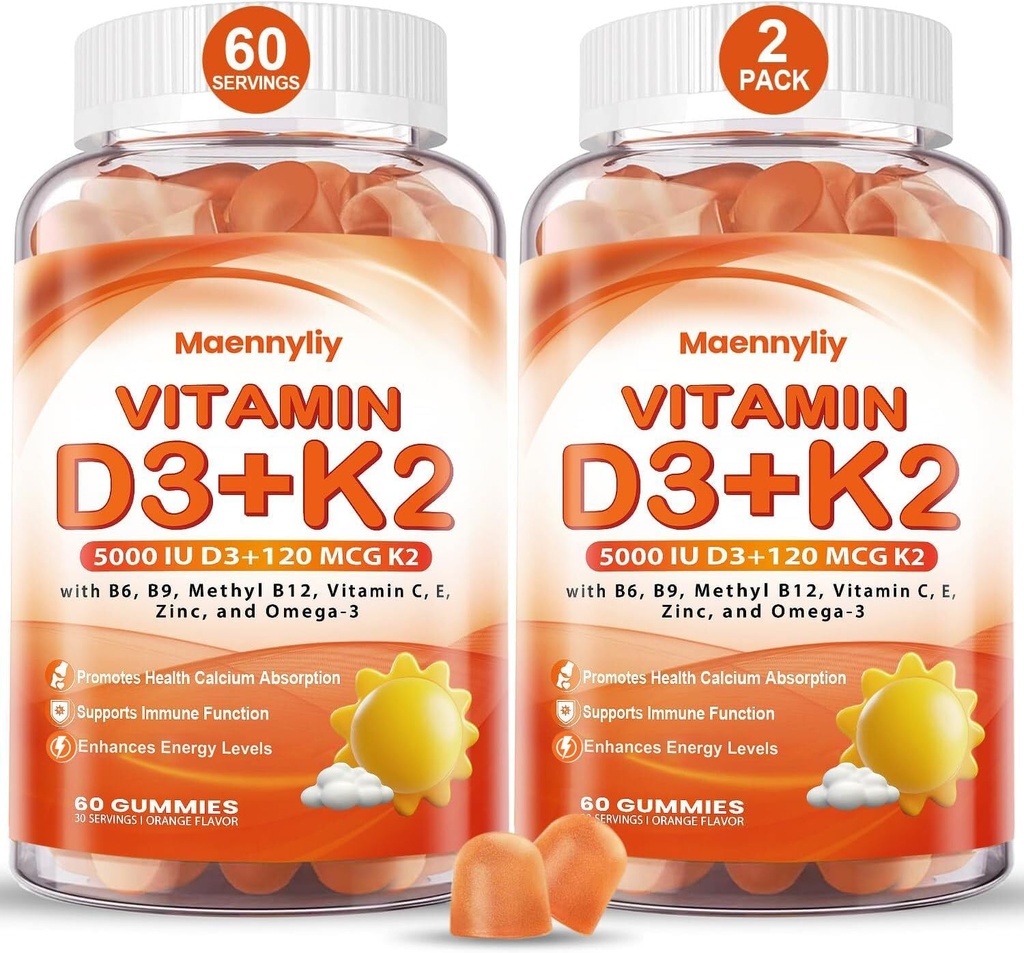 Vitamina D3 K2 Gummies per adulti - Vitamina D3 5000IU + K2 (MK-7) 120mcg - Integratori D3 e K2 senza zucchero con Omega-3, Methyl B12, B9, B6, Vitamine E & Zinc - per l'assorbimento di calcio e la salute immunitaria