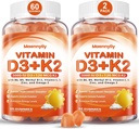 Vitamina D3 K2 Gummies per adulti - Vitamina D3 5000IU + K2 (MK-7) 120mcg - Integratori D3 e K2 senza zucchero con Omega-3, Methyl B12, B9, B6, Vitamine E & Zinc - per l'assorbimento di calcio e la salute immunitaria