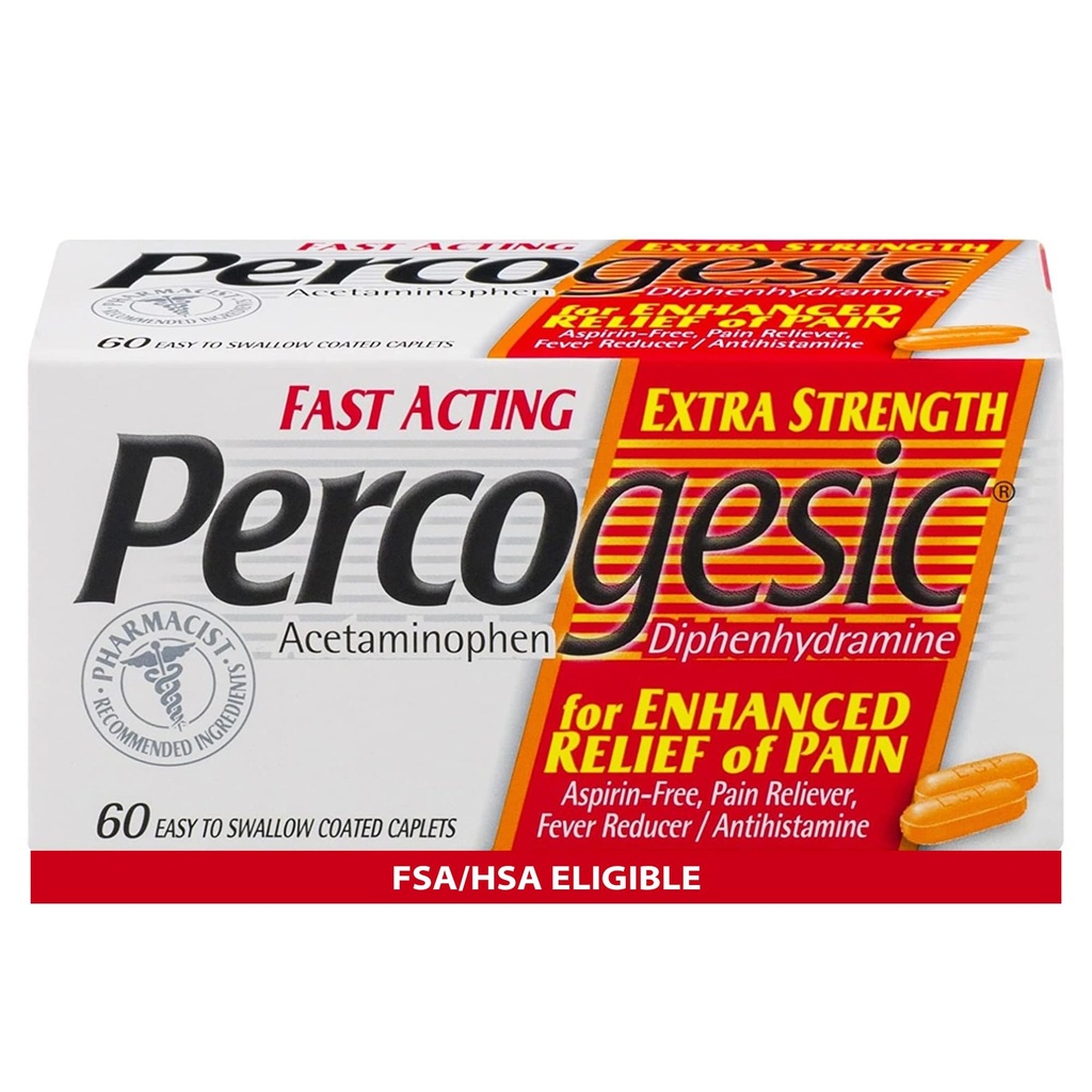 Percogesico Extra Forza Acetaminophen & Diphenhydramine Rilievo del dolore, Riduttore di Fever senza Aspirina e Antistamina, 60 Conte