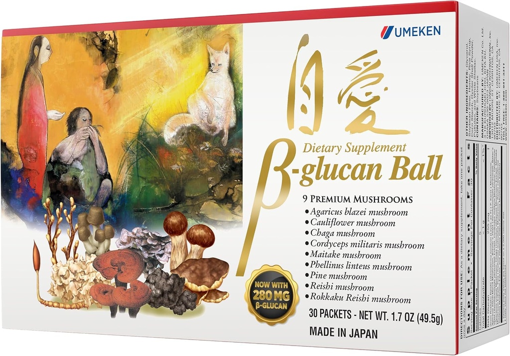 Umeken Beta Glucan, Immune Boost, Estratto di funghi, Integratore alimentare, Miscela di 9 pacchetti di estratto di funghi premium, Facile da prendere Beta Glucan Supplements, 1 mese di fornitura, 30 Conte Box, Confezione da 1