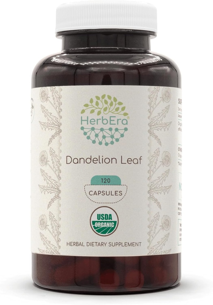 HerbEra Dandelion Leaf 120 capsule, 500 mg, USDA Organic Dandelion (Taraxacum Officinale) Dried Leaf (120 capsule)
