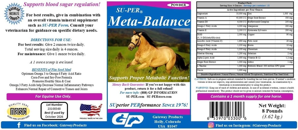 SU-PER Meta-Balance Horse Metabolic Support - Regolazione dello zucchero nel sangue e Supplemento alla salute digestiva - Vitamine e minerali di cavalli, Estratti di erbe, Probiotici - 8 sterline, 1 mese di fornitura
