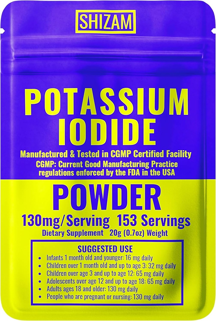 SHIZAM Potassium Iodide 130 mg 65 mg Kit di sopravvivenza della polvere, KI Iodine Capsule Pillole di tintura liquida Pillole Tablet Tabs Alt Supplementi, prepping Forniture 130mg 65mg