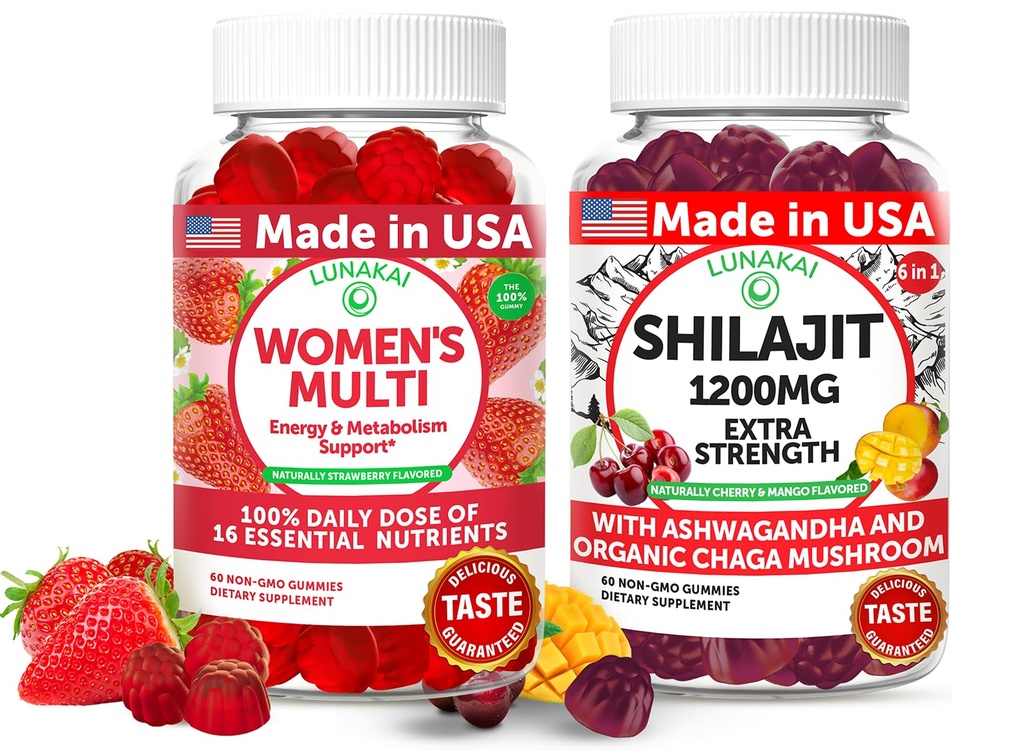 Lunakai USA Made Womens Multivitamin & Shilajit Gummies Bundle – Energy, Immune & Vitality Support – Naturally Flavored – 60 Gummies Non OGM