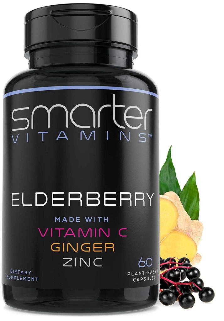 Smarter Elderberry Capsules + Vitamina C + Ginger & Zinc, Integratore di erbe, Potente Black Elder Berry Extract Antioxidant Vitamin, 60 Vegan Pills