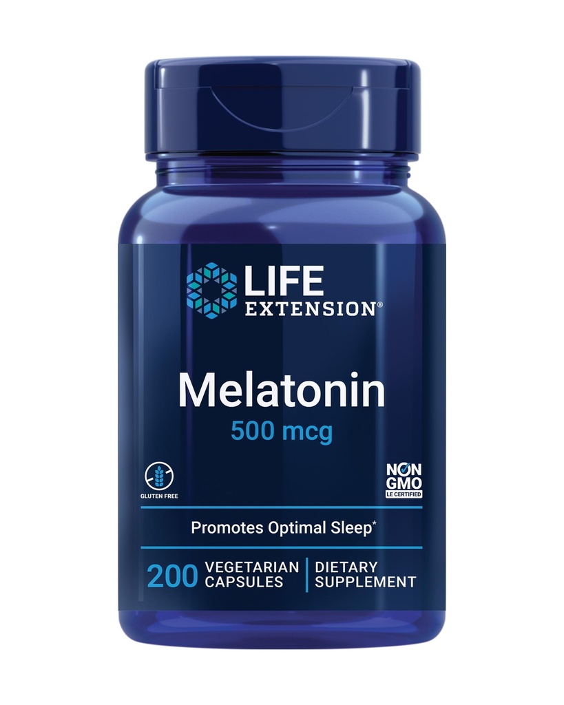 Melatonina Estensione della vita, 500 mcg – Promuove delicatamente il sonno, Bassa dose, Dimensione del valore – Non OGM, Senza glutine, Vegetariano – 200 capsule