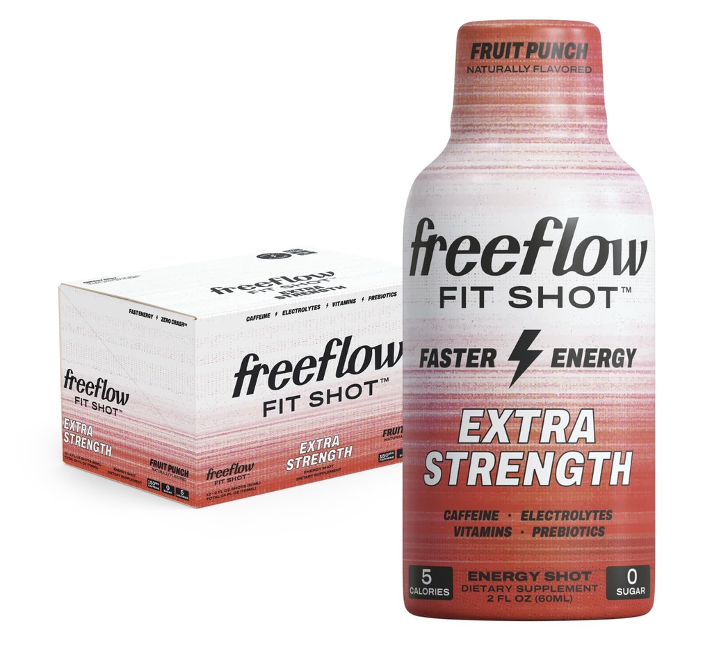 Freeflow Fit, Extra Strength Energy Shot, Fruit Punch (2 Ounce Shot, Pack of 12) - 150mg di Caffeine Per Shot, Zero Calorie, Zero Sugar Energy Shot...