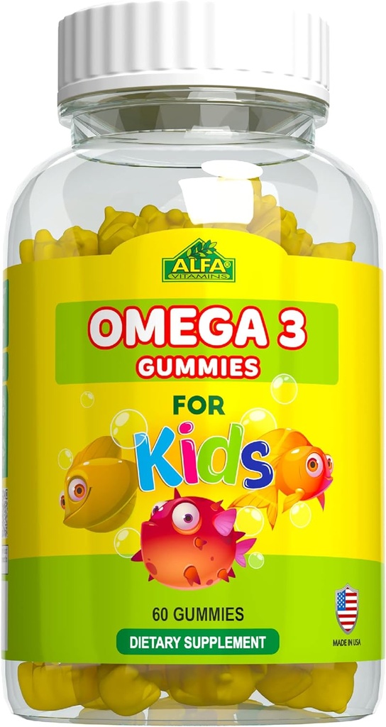 ALFA VITAMINS Omega 3 Bambini Gummies, Supporta lo sviluppo del cervello, la salute del cuore e la visione, Facile da cucire, Omega 3 Supplemento per i bambini, Arancione aromatizzato, No Fishy Taste, 3 Gummies Daily, 60 Gummies
