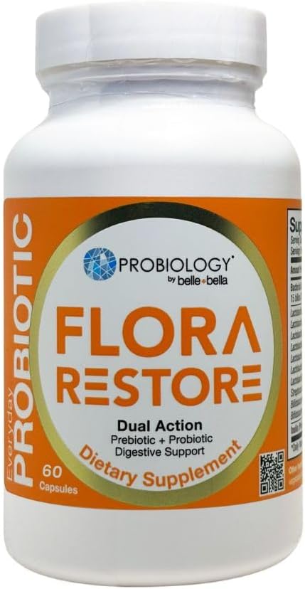 Belle+bella Flora Restore Daily Probiotic - 15 miliardi di culture dal vivo - Probiotici & Prebiotici per la salute digestiva & Gut - Supporto immunitario - Promuove Regolarità - Vegan & Gluten Free - 60 Caps