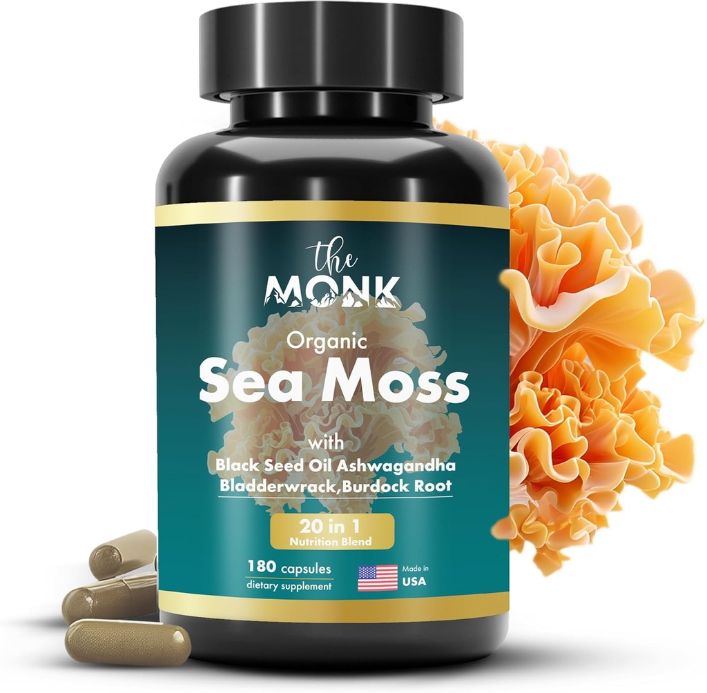 Organic Irish Sea Moss Capsule - Advance Formula, Raw Wildcrafted Seamoss Supplement con Bladderwrack e Burdock Root - 180 pillole - Made in the USA