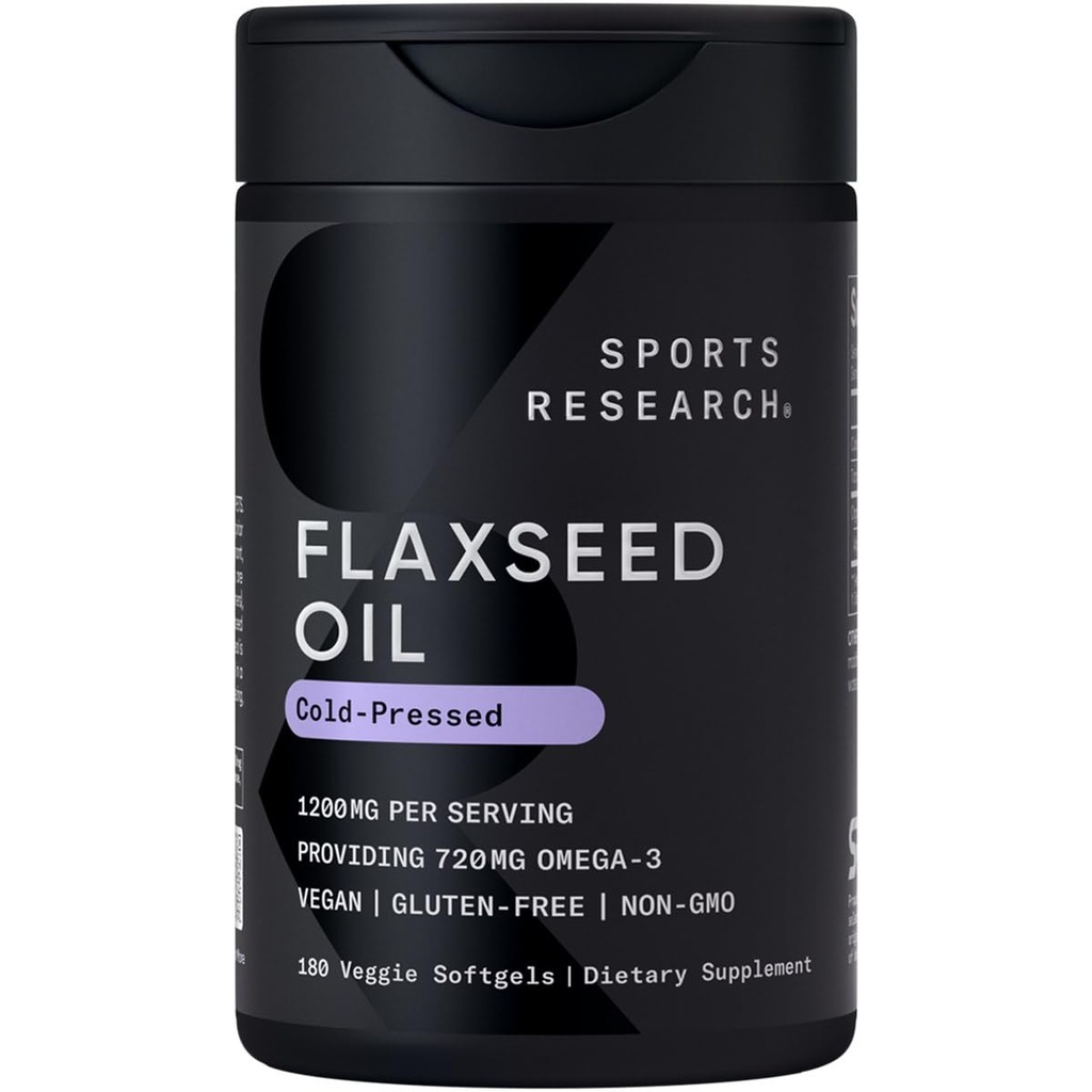 Ricerca sportiva Vegan Flaxseed Oil (1200mg) Integratore a base vegetale ALA Omega 3 - Vegan Certificato & Non OGM Verified - Gluten, Soy & Carrageenan Free (180 Veggie Softgels)