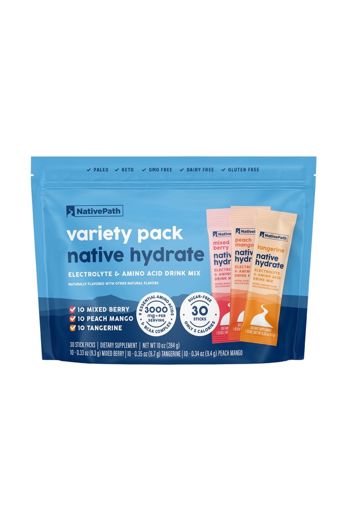 NativePath Native Hydrate Stick Pack con elettroliti e aminoacidi, Variety Pack, Bacca mista, Peach Mango, Tangerine, 30 Serve