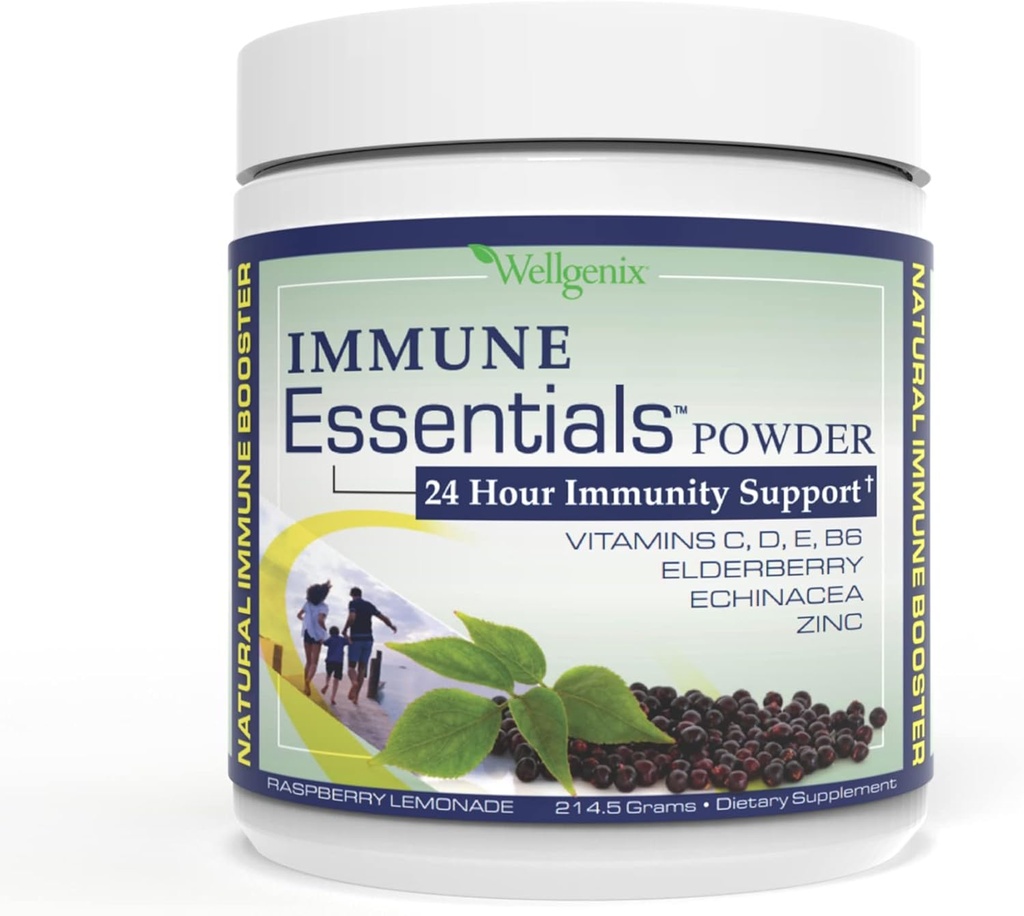 Wellgenix Immune Essentials - Polvere multivitamina per gli uomini, le donne e i bambini - Integratore vegano con vitamine C, D Zinco di sambuco, Echinacea per il bambino, Kid & Adulto - 7.57g (Limonata di lampone)