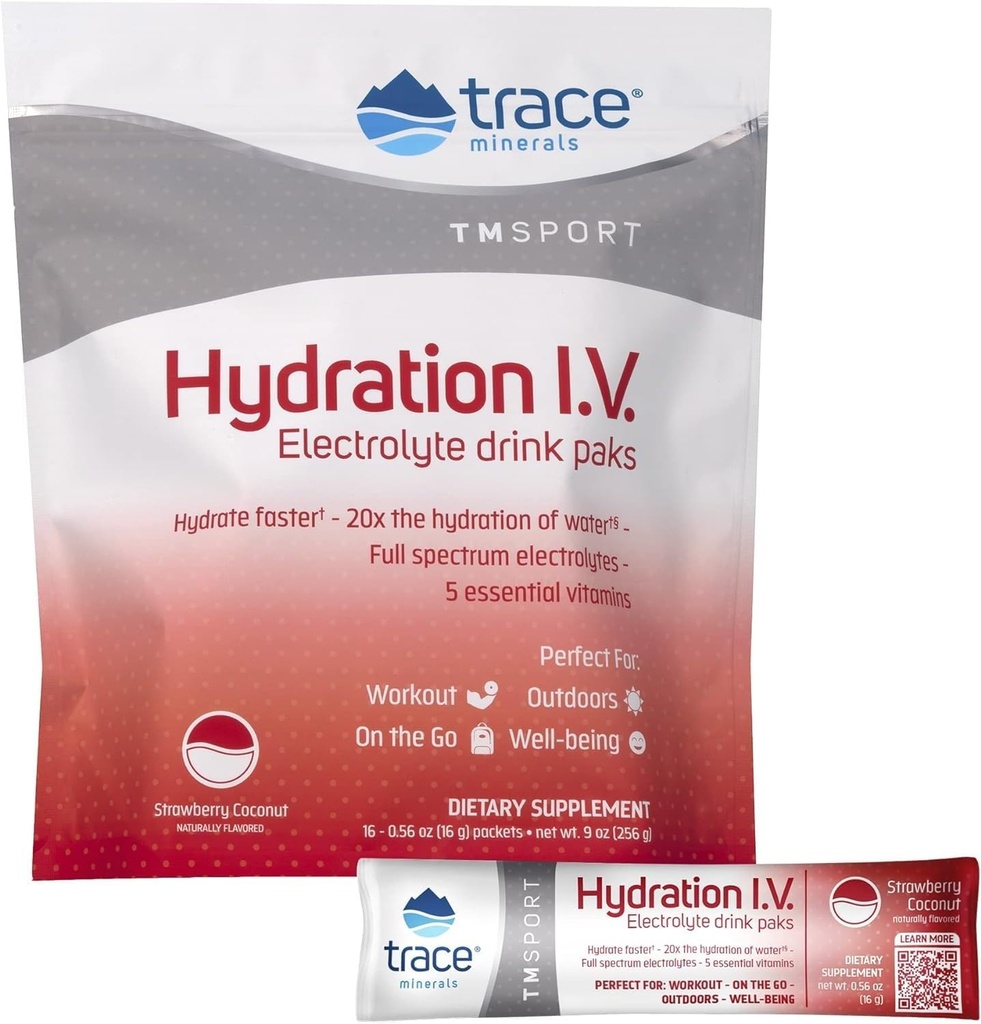 Trace Minerals | Idrazione I.V. Electrolytes Powder Packets | Full Spectrum Recovery Mineral Mix for Rapid Rehydration, Natural Energy and Muscle Stamina | Cocco di fragola | 16 Travel Packs