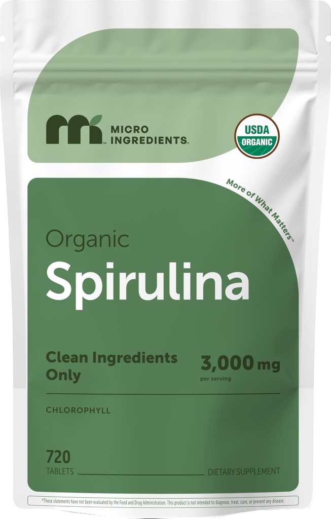 Micro Ingredienti Organic Spirulina Supplemento, 720 Compresse (4 mesi di fornitura), Nessun Filler & Non OGM, Ricco di Proteine Vegane, Vitamine & Prebiotici, Pillole Premium Spirulina