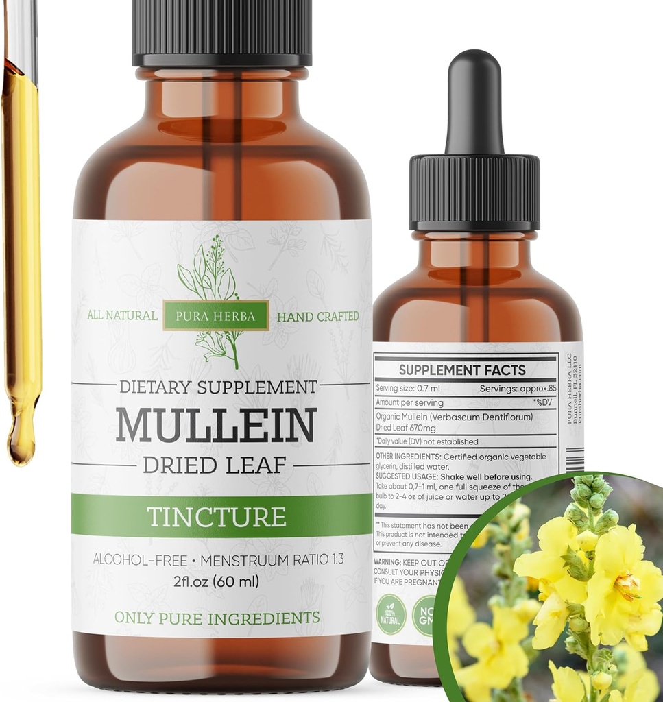 Mullein Tincture – Gocce di Mullein Organiche per supporto polmonare e benessere respiratorio – Made in the USA – 2 Fl Oz