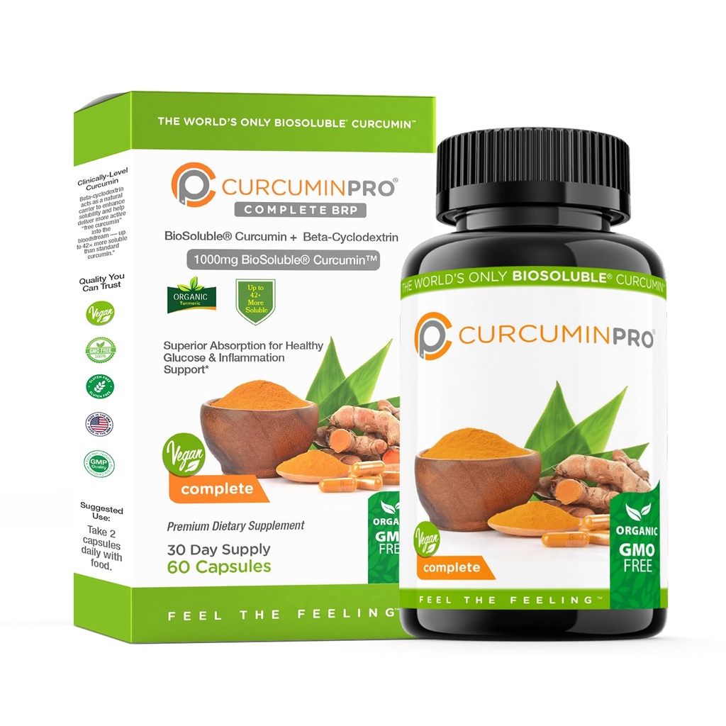 CurcuminPro Complete Vegan | BioSoluble Brown Rice Protein & Organic Turmeric Curcumin Supplemento | Formula a base vegetale per il benessere quotidiano | 60 Conte