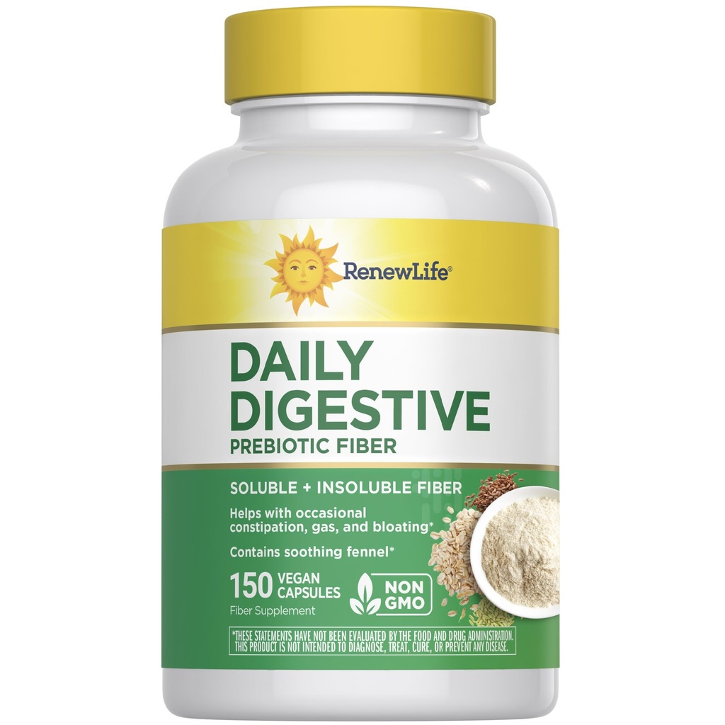 Renew Life Adult Daily Digestive Prebiotic Fiber, 150 Capsule Vegetariani (Package May Vary)