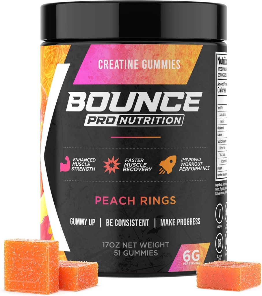Gummie Monoidrate di Bounce Pro Creatine per Uomini e Donne, Calorie Bassa, 6G di Creatina per Serve, Vegan, Anti-Melting, Senza Glutine, Non-GMO, 2g di Creatina per Gomma (51ct, Anelli di pesca)