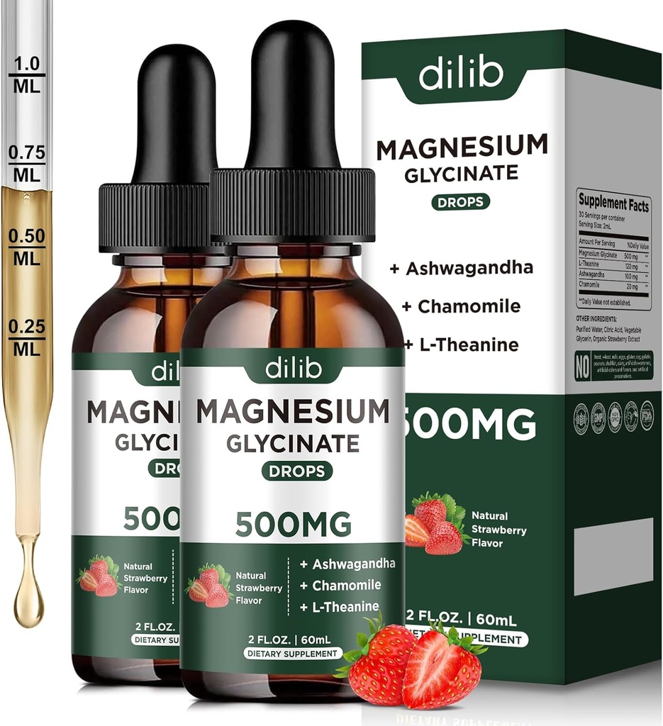 Magnesio Glycinate Liquid Drops Supplemento, con Magnesio Glycinate 500mg Ashwagandha, L - Theanine, Camomilla - Support Stress Relief, Bone, Muscolo, Mood Strawberry Flavor 2Pack