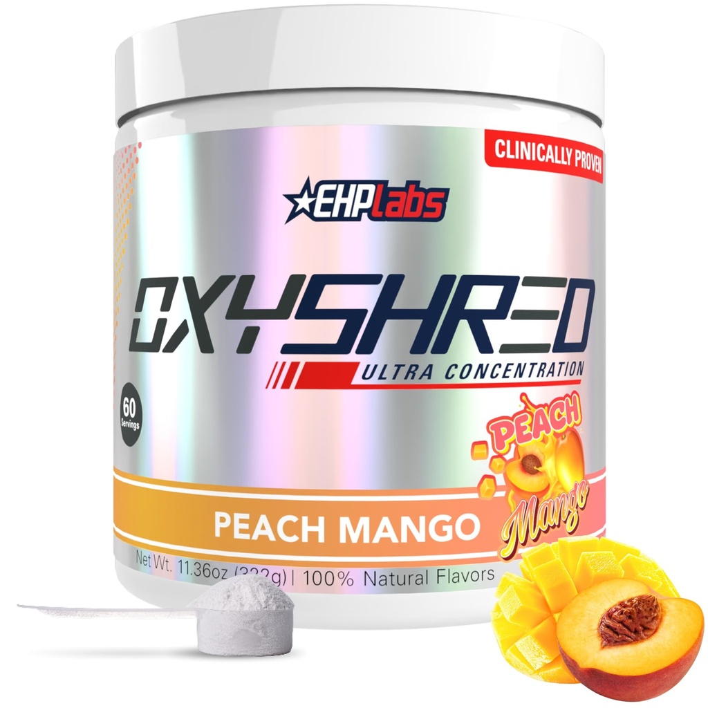 EHP Labs OxyShred Pre Workout Powder - Polvere pre-allenamento con L Glutamina e Acetil L Carnitina, Energy Boost Drink - Peach Mango, 60 Servings
