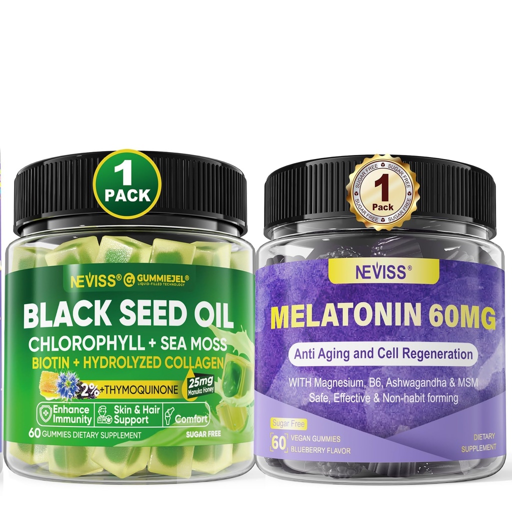 NEVISS Melatonin 60mg Gummies + Gommie di olio di semi neri