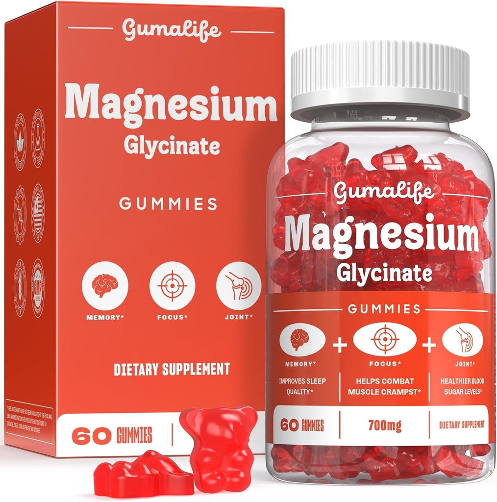 Gumalife 700mg Magnesio Glycinate Gummies Migliorare il Rilassamento, offrendo una miscela senza zucchero di nutrienti beneficiali. Ogni scatola contiene 60 conteggi (60 conteggi, Boysenberry)