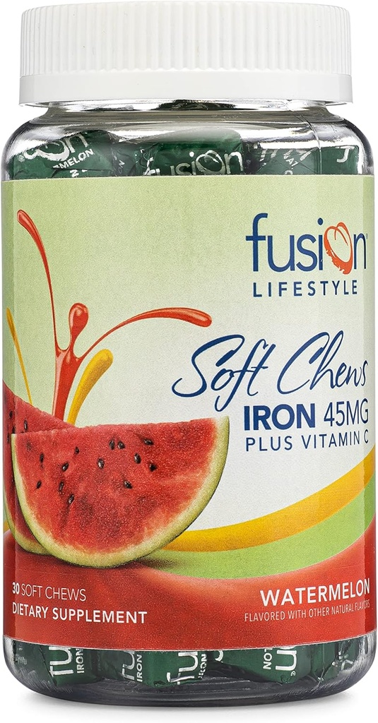 Supplemento di ferro per le donne e gli uomini, ferro aromatizzato anguria mastica morbida più vitamina C per la carenza di ferro e l'anemia, 1 mese di fornitura, 30 conte