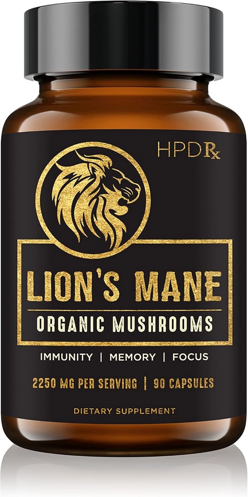HPD Rx Lion’s Mane Mushroom Extract Capsule Natural Nootropic, Supporta memoria e messa a fuoco, Booster immunità - Potent Mushroom Supplement | 2250 mg, 90 capsule, Confezione da 1