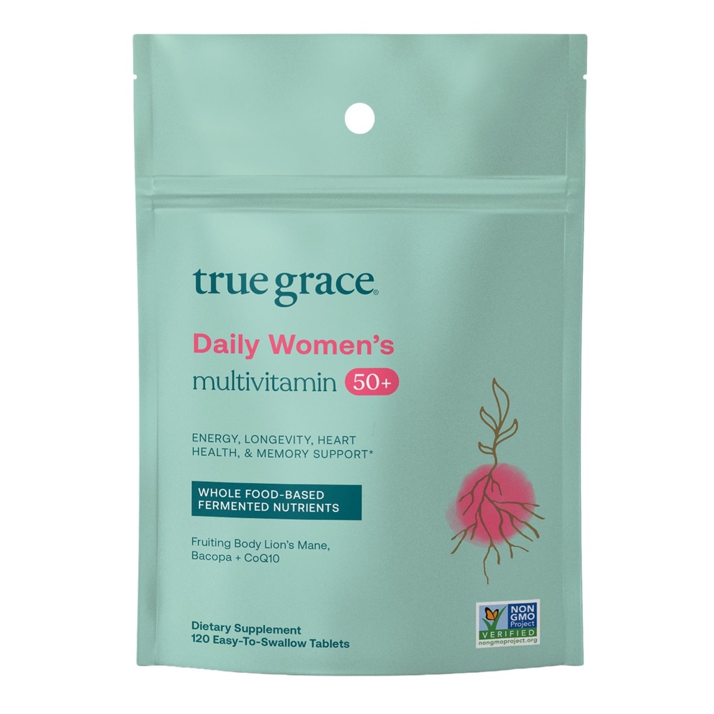 True Grace Daily Women’s Multivitamin 50+ - 120 Tavoli facili da cucire - Immune, Energy, Longevità & Memory Support - Vegan - Gluten, Soy & Iron Free - 60 Serve
