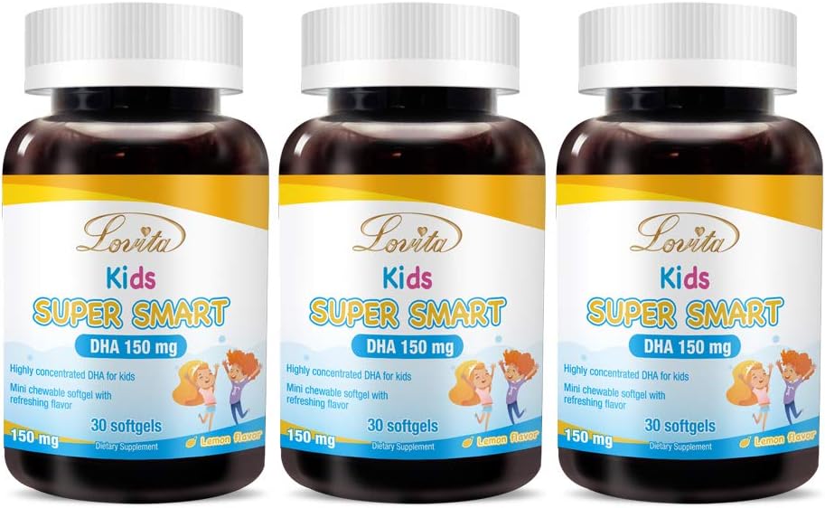 Lovita Kids Super Smart DHA, 150mg DHA e 30mg EPA di Omega 3 acidi grassi, Supporta la salute del cervello, Natural Lemon Flavor, 30 Chewable Softgels (Pack of 3)