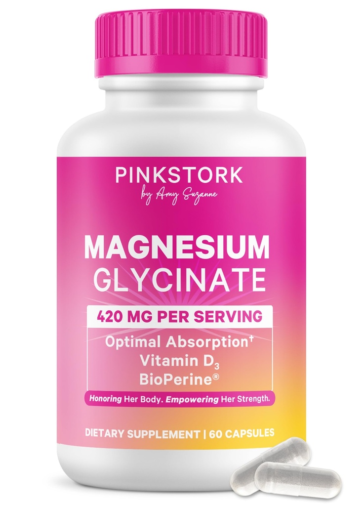 Rosa Cicogna Magnesio Glycinate con vitamina D - Magnesio Supplemento per le donne per sostenere la calma naturale, l'umore e il sonno - equilibrio ormone per le donne - 60 capsule, 1 mese di fornitura