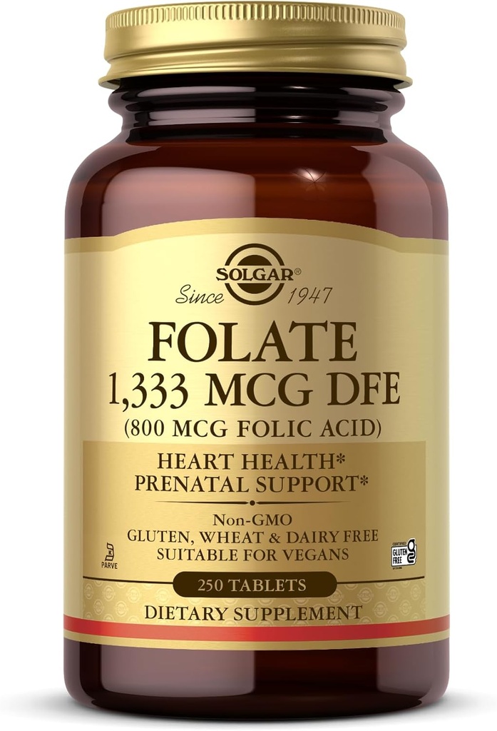 Solgar Folate 1,333 mcg DFE (acido folico 800 mcg) - 250 compresse - supporto prenatale - Non OGM, Vegan, Gluten Free, Dairy Free, Kosher - 250 Serve