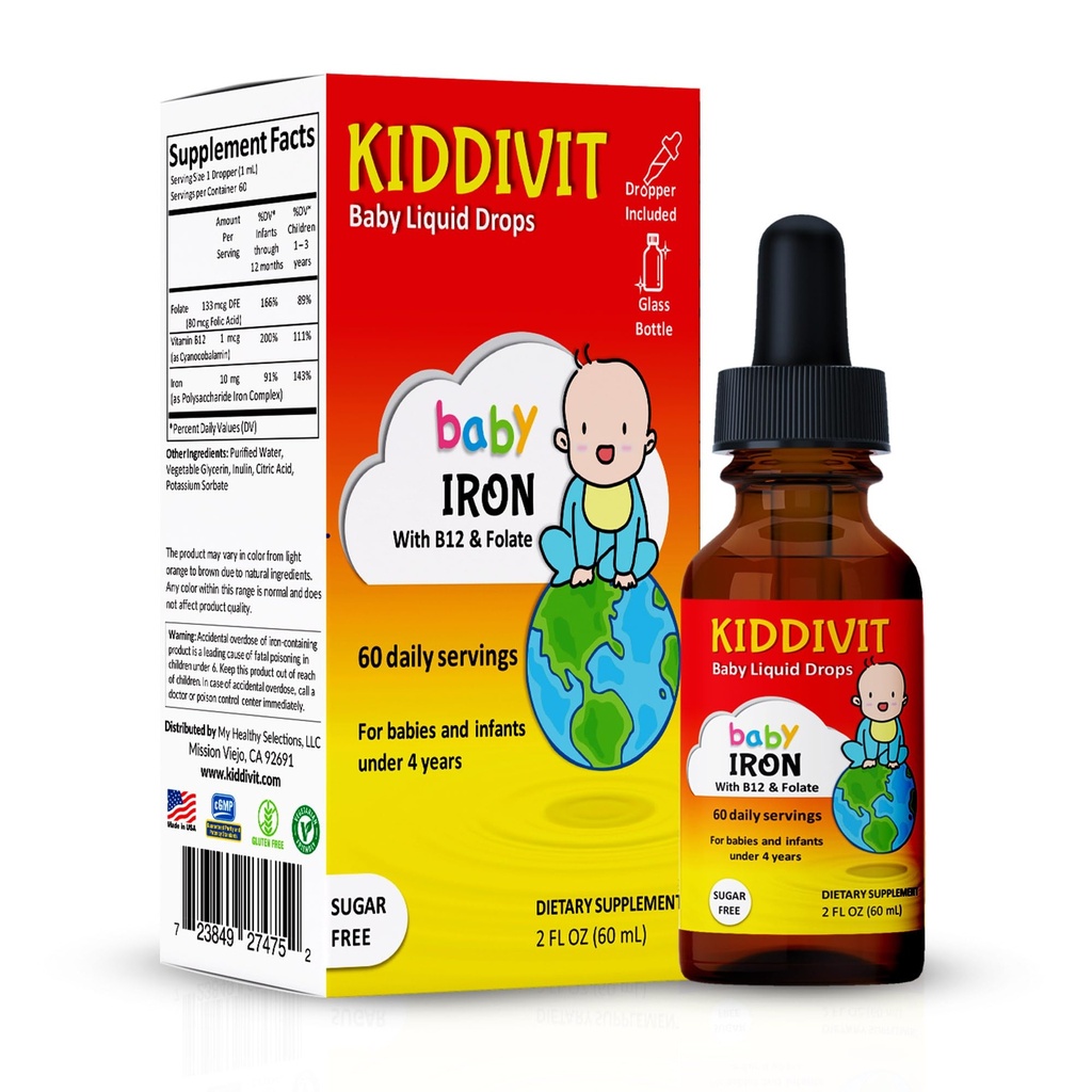 Kiddivit Baby Iron Liquid Drops with Vitamin B12 & Folate – Integratore di supporto per il ferro Gentle – 60 Serve giornaliere, Inulina Fibra prebiotica fortificata – Senza zucchero, senza glutine, vegetariano, 2oz