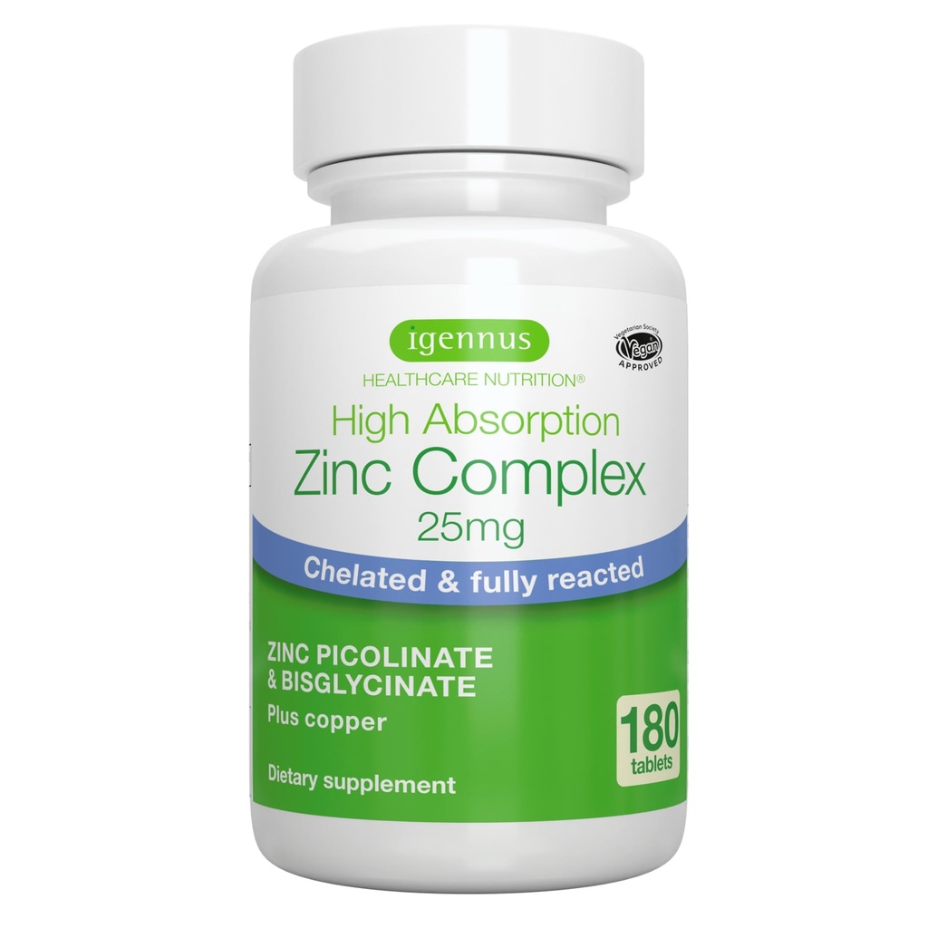 Igennus Clean Chelated Zinc 25mg con Rame, Picolinato e Bisglicinato completamente reagito, Complesso ad alto assorbimento, Supplemento per le donne e gli uomini, Lab verificato, Non OGM, Immune & Skin Support, 6 mesi di fornitura