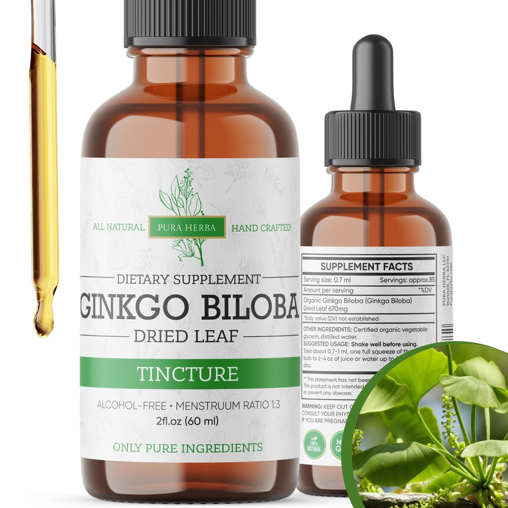 Ginkgo Biloba Estratto di liquido 2 Fl Oz, integratori per la funzione del cervello e il supporto della memoria, Alcol Free, Vegan - 2 Fl Oz