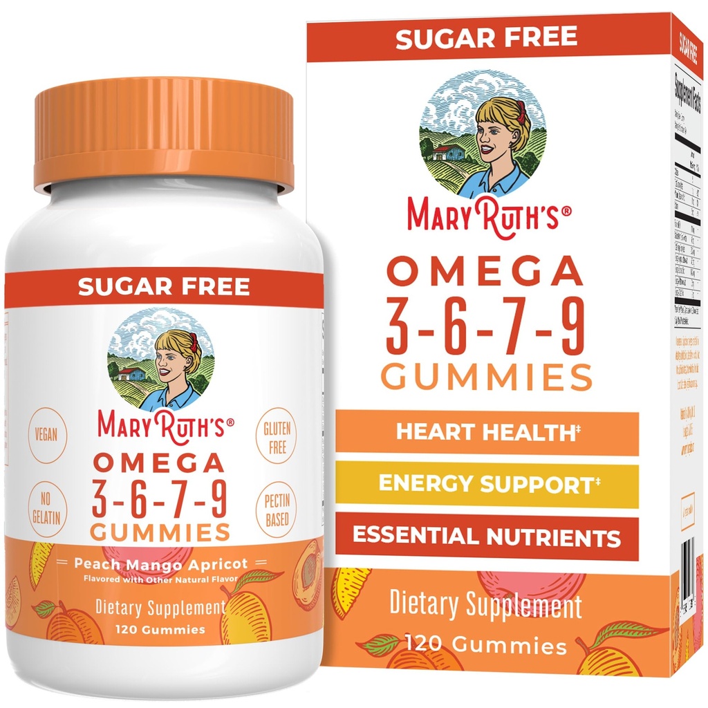 MaryRuth Organics Vegan Omega 3 6 7 9 Gummies | Fino a 4 mesi di alimentazione | Omega 3 supplemento con olio di semi di lino | Omega 3 Gummies | No Fish Taste | Non OGM | 120 Conte