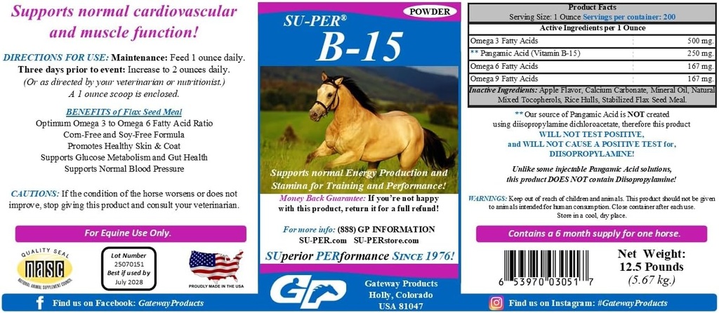 SU-PER B-15 Integratore di vitamina per cavalli - Equine Vitamina B-15 Polvere per il supporto alle prestazioni - 12,5 Pounds, 6 mesi di alimentazione