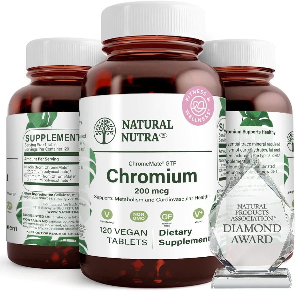 Natural Nutra GTF Chromium Polynicotinate con ChromeMate, Supporta il metabolismo del corpo, Supporta la salute del cuore, Mantenere il livello grasso corporeo, Migliorare la digestione, Salute cardiovascolare, 200 mcg, 120 compresse vegane